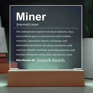 Miner Definition Personalized LED Acrylic Plaque, Gift for Coal Miner, Mine Employee, Underground Miner|Funny Mining Gift & Miner Decor Gift
