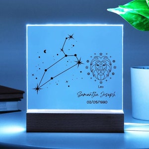 Personalized Leo Star Sign Zodiac Plaque Night Light Astrology gifts, Leo Zodiac Gifts, Leo Zodiac Sign, August Birthday, July Birthday
