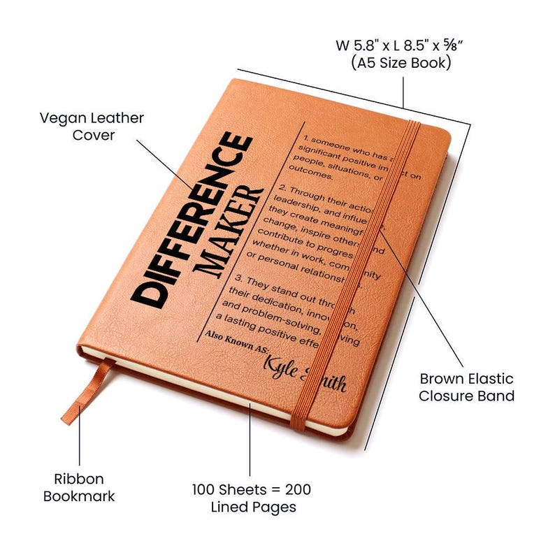 Difference Maker Personalized Vegan Leather Journal, Mentor Gift, Boss Appreciation, Coworker Gift, Employee Retirement Gift,Leadership Gift image 4