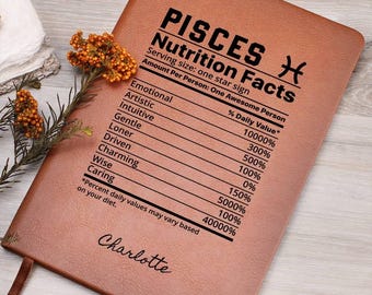 Puede incluir: Un diario de cuero marrón con el texto "PISCES Nutrition Facts" y un símbolo del zodíaco de Piscis. El diario tiene una etiqueta de información nutricional con rasgos como "Emocional", "Artístico", "Intuitivo" y "Cuidadoso" enumerados con un valor porcentual para cada uno. El diario está personalizado con el nombre "Charlotte".