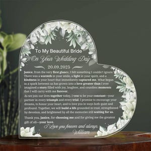 Para mi novia en el día de su boda: placa acrílica personalizada, regalo del novio, recuerdo de boda de la novia, regalos de boda del novio a la novia