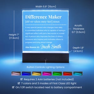 Placa acrílica personalizada "Marcador de la Diferencia", regalo para mentor, reconocimiento de liderazgo, regalo de jubilación para compañeros de trabajo, regalo para trabajador social Battery Powered LED Base