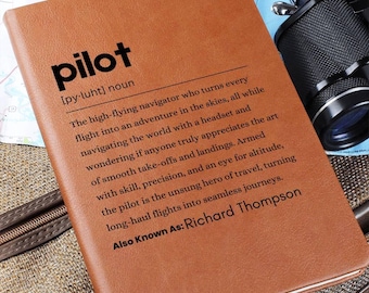 Diario de cuero personalizado con definición de piloto, obsequios de agradecimiento para pilotos, obsequio de aviación, cuaderno de bitácora de piloto de aerolínea/Navidad/cumpleaños