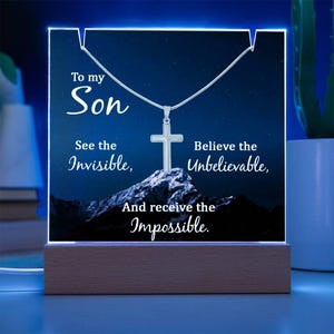 To My Son Keepsake Bundle LED Acrylic Plaque With Cross Necklace, Gift for Son, Son Birthday, Christmas Gifts for son From mom, Son Weeding