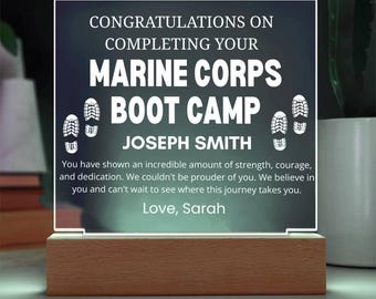 Placa de acrílico personalizada com base de LED para presente de formatura do acampamento de treinamento do Corpo de Fuzileiros Navais