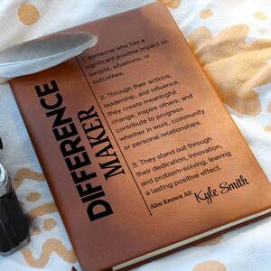 Difference Maker Personalized Vegan Leather Journal, Mentor Gift, Boss Appreciation, Coworker Gift, Employee Retirement Gift,Leadership Gift image 1