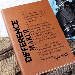 Difference Maker Personalized Vegan Leather Journal, Mentor Gift, Boss Appreciation, Coworker Gift, Employee Retirement Gift,Leadership Gift image 2