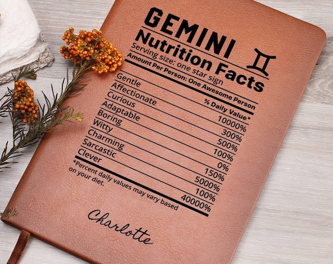 Personalized Gemini nutrition facts Vegan Leather Journal, Zodiac Gemini Journal, Gifts for Gemini, Birthday gifts for Gemini, Gift for Her