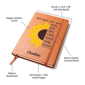 Dio dice che sei un diario in pelle personalizzato con girasole, diario con versi della Bibbia, regali per donne cristiane, diario di preghiera, diario devozionale immagine 5