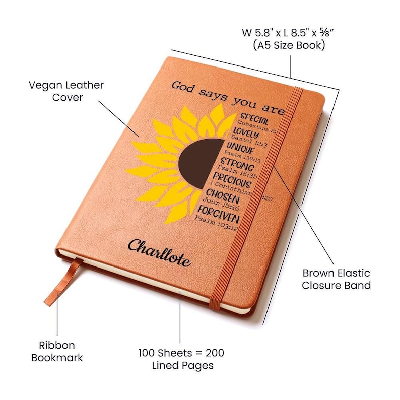 Dio dice che sei un diario in pelle personalizzato con girasole, diario con versi della Bibbia, regali per donne cristiane, diario di preghiera, diario devozionale immagine 5
