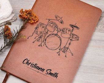 Personalized Drummer Gift Leather Journal, Drum Set Lyric Journal, Songwriting notebook for Musicians, Drumming Gifts, Music Lover Notebook