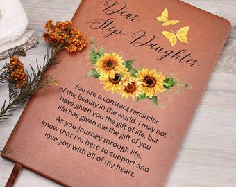 Dear Stepdaughter Personalized Sunflower Leather Journal, Unique Christmas Gift for Bonus Daughter, From Stepmom Custom Journal|From Stepdad