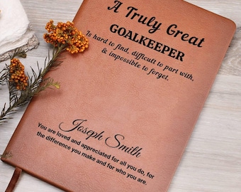 Presente personalizado para goleiro, diário vegano de couro personalizado para goleiro de futebol ou goleiro de futebol, presente de aniversário para goleiro