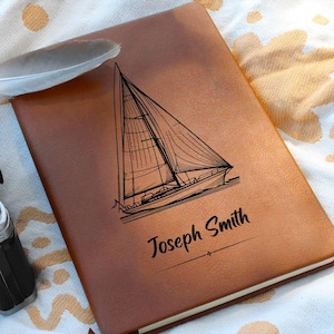 Puede incluir: Un diario de cuero marrón con una ilustración de un velero y el nombre "Joseph Smith" impreso en negro. El diario cerrado descansa sobre una superficie estampada, con una pluma y un pequeño objeto visibles.