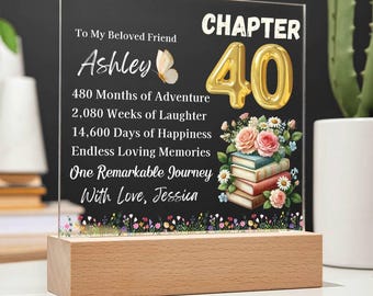 40. Geburtstagsgeschenk Personalisierte Plakette mit LED-Basis, 40 Jahre Geburtstagsgeschenk für sie, Kapitel 40, 40 Jahre alte Frauen, 40. Geburtstagsfreund