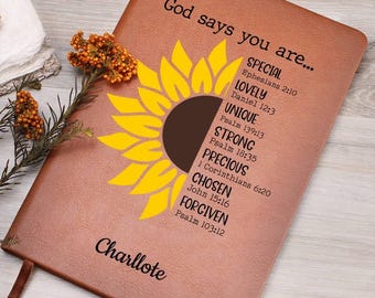 Gott sagt, du bist personalisiertes Sonnenblumen-Leder-Journal, Bibel-Vers-Journal, Geschenke für christliche Frauen, Gebetsjournal, Andachtsjournal