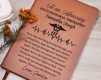 Cadeau ergothérapeute Journal personnalisé en cuir végétalien, appréciation de l'ergothérapeute, cadeau de remerciement pour l'ergothérapeute, cadeau de Noël