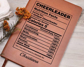 Personalized Cheerleader Nutrition Facts Leather Journal, Gift for Cheerleaders, Cheerleader Apparition, Cheer Team Gifts|Senior Cheerleader