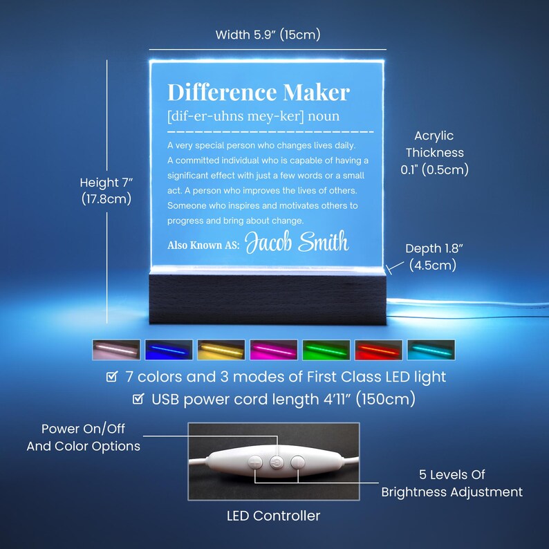 Placa acrílica personalizada "Marcador de la Diferencia", regalo para mentor, reconocimiento de liderazgo, regalo de jubilación para compañeros de trabajo, regalo para trabajador social Acrylic Square with LED Corded Base