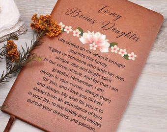 To My Bonus Daughter Personalized Floral Leather Journal, Unique Christmas Gift for Bonus Daughter, Stepdaughter Custom Journal from Stepmom