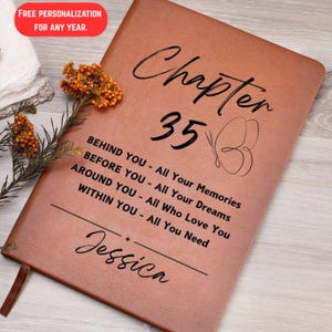 May include: A brown leather journal with the words "Chapter 35" and a butterfly design. The journal includes the text "BEHIND YOU - All Your Memories, BEFORE YOU - All Your Dreams, AROUND YOU - All Who Love You, WITHIN YOU - All You Need" and the name "Jessica".