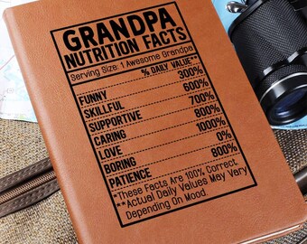 Può includere: Un taccuino marrone in similpelle con la scritta "GRANDPA NUTRITION FACTS" in nero. Il taccuino elenca qualità come "FUNNY", "SKILLFUL" e "SUPPORTIVE" con valori percentuali. Un'idea regalo umoristica.