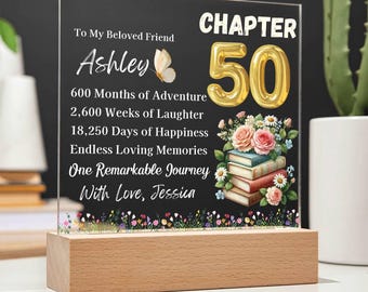 Custom 50th Birthday Gift Acrylic Plaque With LED Base,  Woman 50th Milestone Birthday Gift, Friend 50th Birthday, Turning Fifty, Chapter 50