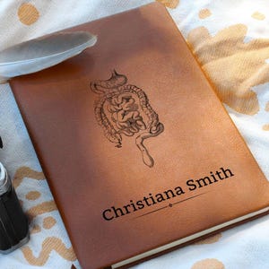 Puede incluir: Un diario de cuero marrón con el nombre "Christiana Smith" impreso en negro. El diario presenta una ilustración detallada de los intestinos humanos. Una pluma descansa sobre la cubierta del diario.