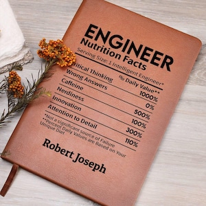 May include: A brown leather-bound notebook with the word "ENGINEER" and "Nutrition Facts" printed on the cover. The notebook lists "Critical Thinking," "Wrong Answers," "Caffeine," "Nerdiness," "Innovation," and "Attention to Detail." The name "Robert Joseph" is printed at the bottom.