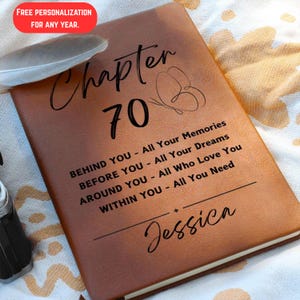 May include: A brown leather journal with the text "Chapter 70" and a butterfly illustration. The journal features the inscription "Behind You - All Your Memories" and the name "Jessica". A feather rests on the journal.