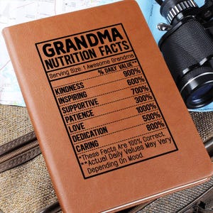 Grandma nutrition facts Leather Journal, Gift for Grandma, Grandmother Gifts, Grandma Christmas Gifts from Grandkids, Grandma Birthday Gifts