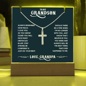 Personalized Grandson LED Acrylic Bundle with Cross Necklace, Gift for Grandson From Grandma, Grandson Birthday| Graduation |Christmas Gifts