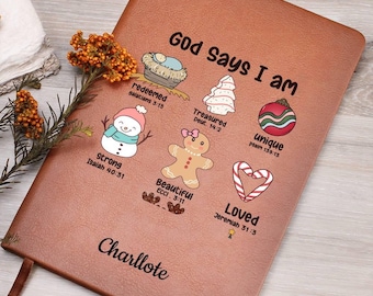 God Says Personalized Christmas Gift Leather Journal, Gift for Christian women, Personalized Christmas Religious Gift, for Christian Friend