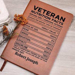 Veteran Nutrition Facts Personalized Leather Journal, Gifts for Veteran, Christmas gifts for Veteran, Veteran Thank you gifts, Funny Veteran