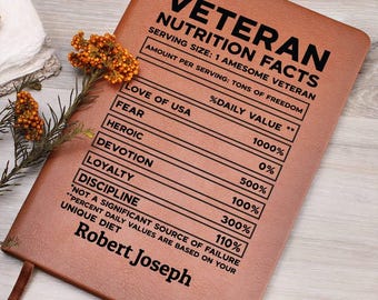 Diario de cuero personalizado con información nutricional para veteranos, regalos para veteranos, regalos de Navidad para veteranos, regalos de agradecimiento para veteranos, divertidos regalos para veteranos.