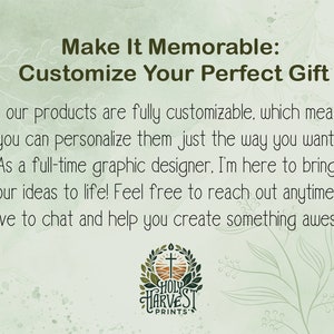 May include: Text graphic with the words "Make It Memorable: Customize Your Perfect Gift". The text is in a white font on a green background. Below the text is a logo with the words "HOLY HARVEST PRINTS" in a brown font on a white background.