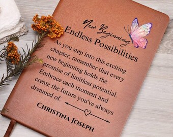 May include: A brown leather journal with the text "New Beginning Endless Possibilities" and a butterfly graphic. The text continues with "As you step into this exciting chapter, remember that every new beginning holds the promise of limitless potential. Embrace each moment and create the future you've always dreamed of." The name "CHRISTINA JOSEPH" is printed below the text.