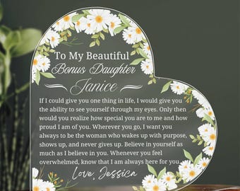 Bonus Daughter Personalized Gift Heart Acrylic Plaque, Gift from Stepmom, Stepdaughter Christmas Gift, Gift from Stepdad, Birthday Gift