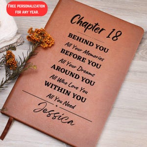 May include: A brown leather journal with the text "Chapter 18" and inspirational phrases. The journal is personalized with the name "Jessica". A red rectangle in the upper left corner reads "FREE PERSONALIZATION FOR ANY YEAR."