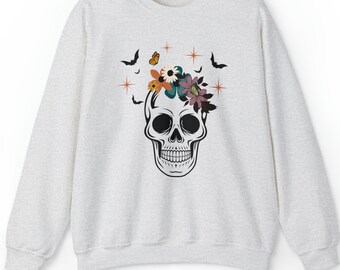 花柄スカル スウェットシャツ、レディース用スカル スウェットシャツ、花柄スカル Tシャツ、レディース用スカル セーター、スカル シャツ、スカル セーター、スカル デザイン