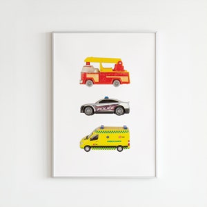 Photographic Emergency Vehicles Poster, Digital Print, Police, Fire Truck & Ambulance Emergency Vehicles Print, Vehicle Decor, Toy Cars