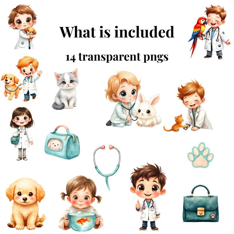 Little Vet Clipart Set | 14 PNG | Chibi Watercolor Community Helper ...