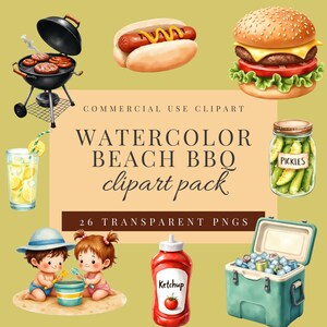May include: A digital clipart collection featuring watercolour illustrations of a black charcoal grill, a hot dog, a cheeseburger, a glass of lemonade, a jar of pickles, a red ketchup bottle, a teal cooler, and two children playing in the sand.