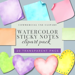 May include: A digital collection of watercolour sticky notes and heart-shaped graphics in various pastel colours. The central text reads: COMMERCIAL USE CLIPART WATERCOLOR STICKY NOTES clipart pack 20 TRANSPARENT PNGS. The set includes square and heart shapes.