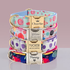 May include: Four colourful dog collars with personalised engraved metal tags. The collars feature different patterns, including donuts, polka dots, and abstract designs. The tags include names like Charlie, Willow, Tucker, and Penny.