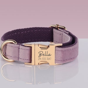 Lavender Velvet Engraved Dog Collar Set with Leash, Bow. Free Engraving on Metal Buckle,Wedding Puppy Gift