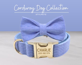 Baby Blue Corduroy Velvet Engraved Dog Collar Set with Leash, Bow. Free Engraving on Metal Buckle,Wedding Puppy Gift