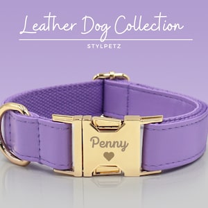 Purple Faux Leather Engraved Dog Collar Set with Leash. Free Engraving on Metal Buckle, Wedding Puppy Gift, Present, Canine, Walking