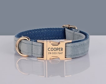 Dusty Blue Velvet Engraved Dog Collar Set with Leash, Bow. Free Engraving on Metal Buckle,Wedding Puppy Gift