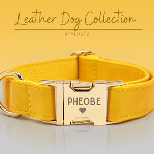 May include: A yellow leather dog collar with a gold buckle and the name "Pheobe" engraved on it with a small heart symbol.  The collar is part of the "Leather Dog Collection" by "Stylpetz".